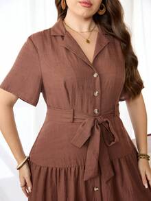 Lacomfia Elegant Waist-Cinched Short Sleeve A-Line Plus Size Dress, Suitable For All Occasions In Spring And Summer - Coffee Brown - View 3