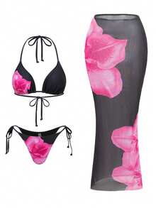 Swim Oasis Bộ bikini 3 mảnh in họa tiết gợi cảm mới dành cho nữ, thiết kế hoa ly quyến rũ, trang phục Valentine cho nữ, trang phục đi nghỉ hè, trang phục mùa hè gợi cảm, trang phục đi bơi cho nữ, trang phục dự tiệc bể bơi cho nữ, trang phục đi biển. - màu đen - Xem 3