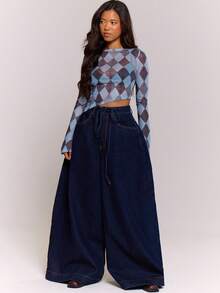MUSERA Diamond Print Mesh Asymmetric Hem Long Flared Sleeve Top Autumn Winter Cool Streetwear Going Out Casual Everyday New Retro Spring Summer - Baby Blue - View 5