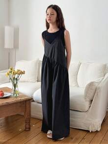 DAZY 2pcs/Set Tween Girls Crew Neck Sleeveless T-Shirt And Jumpsuit Outfit, Fall - Multicolor - View 5