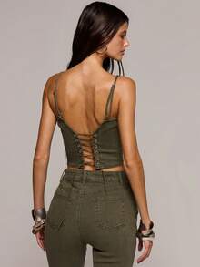 MUSERA Buckle Front Detail Fitted Cropped Denim Corset Top Spring Summer Sexy Date Night Club Festival Holiday Night Out Vacation Soul Ties - Army Green - View 4