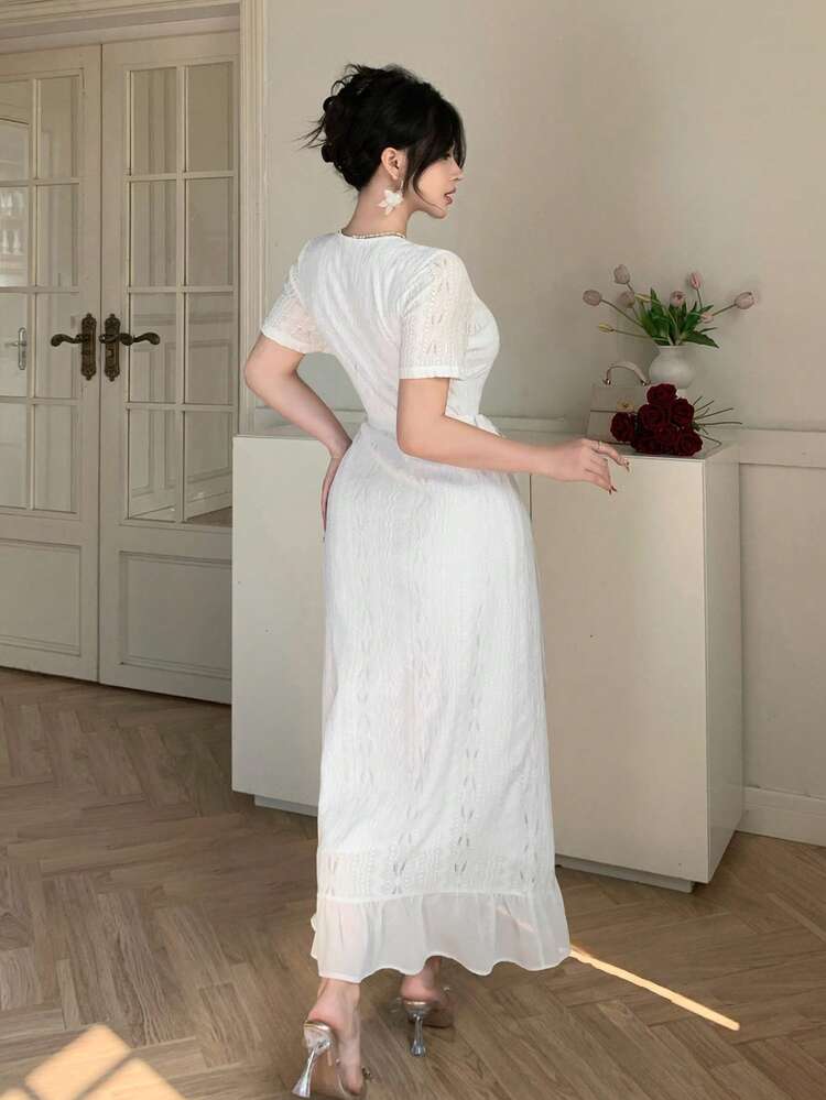 Women's Fashionable Elegant V-Neck Wrap Short Sleeve Dress,Valentine Outfits For Women Sundress
