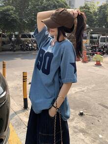DAZY 女士圆领五角星字母街头风韩版短袖牛仔上衣 夏季 - 藍色 - 查看 7