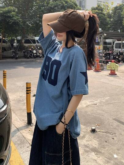 DAZY Blusa vaquera de manga corta con cuello redondo, estilo coreano de calle con estrella de cinco puntas y letras