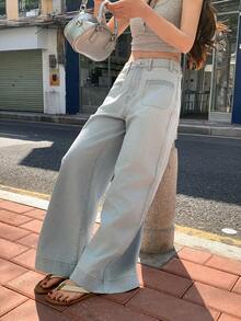 DAZY Quần jean denim nữ dáng rộng, đã qua xử lý, phong cách đường phố - Màu xanh lam - Xem 5