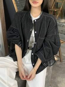 FRIFUL Women's Drop Shoulder Long Sleeve Single-Breasted Casual Denim Jacket - Black - View 2