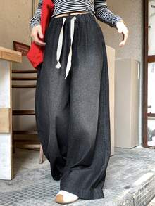 FRIFUL Women's Drawstring Waist Pockets Wide Leg Loose Casual Jeans - Black - View 5