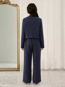 优雅时尚圆领常规肩长袖短款粗花呢外套搭配高腰宽松直筒裤套装，少女款 - 藏蓝色 - 查看 2