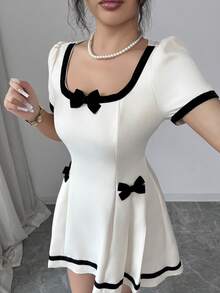 Rafferiza Vestido casual corto de línea A con cuello cuadrado, manga corta, lazo en la cintura y diseño elegante francés de cinta negra para mujer en verano - Albaricoque - Ver 5