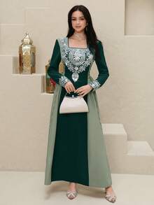 SHEIN Najma Đầm kiểu Ả Rập thanh lịch dành cho nữ, cổ vuông, thắt eo, đính sequin, thích hợp cho mùa xuân và mùa thu. - Màu xanh lá cây đậm - Xem 2