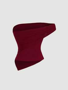 Sweetra New Summer Mesh Sexy Fashionable Versatile Asymmetric Hem Cinched Waist Red T-Shirt For Women - Burgundy - View 2