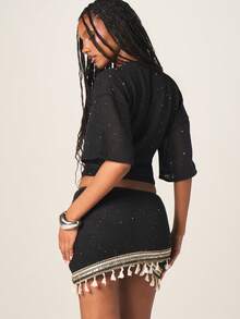 MISSGUIDED Sparkly Mini Wrap Skirt With Tassel Fringe Hem Detail Sequin Embellished Party Club Night Out Bodycon Fitted Festival - Black - View 3