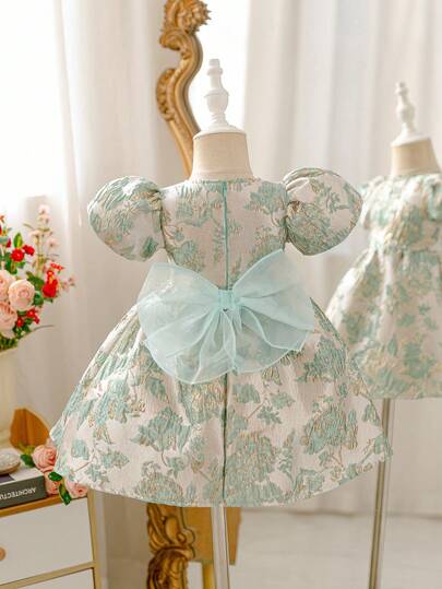 Glamorique Kids Infant & Baby GirlPrincess Dress, Bowknot, Green Floral Jacquard Fabric, High-Quality Material, Elegant Jacquard Dress, Suitable For Middle East, Europe, America, Luxury Party Dress, Stage Performance