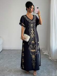 Selianne 复古印花度假沙滩罩衫连衣裙，V领优雅比基尼罩衫，宽松长袍，适合旅行和摄影 - 黑色 - 查看 3