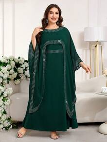 Reflora 大码女式水钻装饰圆领蝙蝠袖不对称下摆开衫上衣和无袖连衣裙优雅两件套 - 藏蓝色 - 查看 10