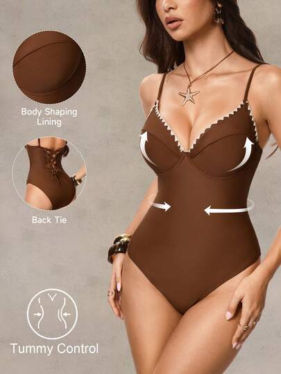 Shapewave Women's Tummy Control Swimsuit With Floral Strap Criss-Cross Back Tie Swimwear, Suitable For Beach Vacation, Spring/Summer