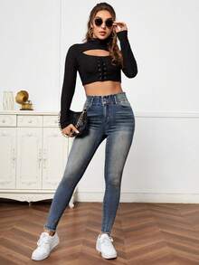 EMERY ROSE Women's Casual Washed Slant Pocket Skinny Jeans - Medium Wash - View 5