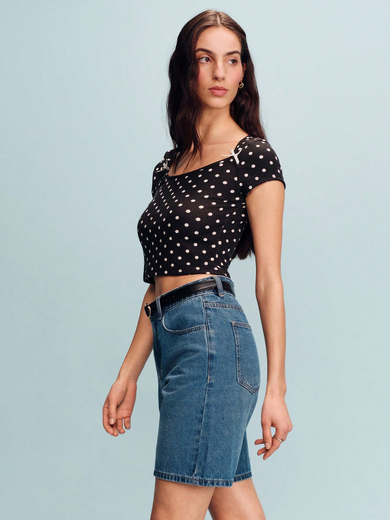 Polkatdot Stretchy Tee With Open Neckline And Bows Detail Chic Top Spring Summer Vacation French Style Parisian Style Black And White Top