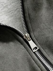 PAVTROS 男士休闲翻领保暖内衬黑色夹克，饰有小号Logo印花，复古街头风，适合秋冬季穿着。 - 深灰色 - 查看 5