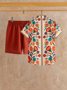 HIMLAND 男士休闲印花纽扣短袖衬衫短裤套装，夏季 - 彩色 - 查看 2