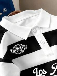 Manfinity Joysei Men's Contrast Color Striped Short Sleeve Polo Shirt - Black and White - View 3