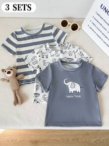 SHEIN 3pcs Toddler Casual Dinosaur Pattern Knit Set, Short Sleeve T-Shirt, Spring/Summer - Grey - View 1