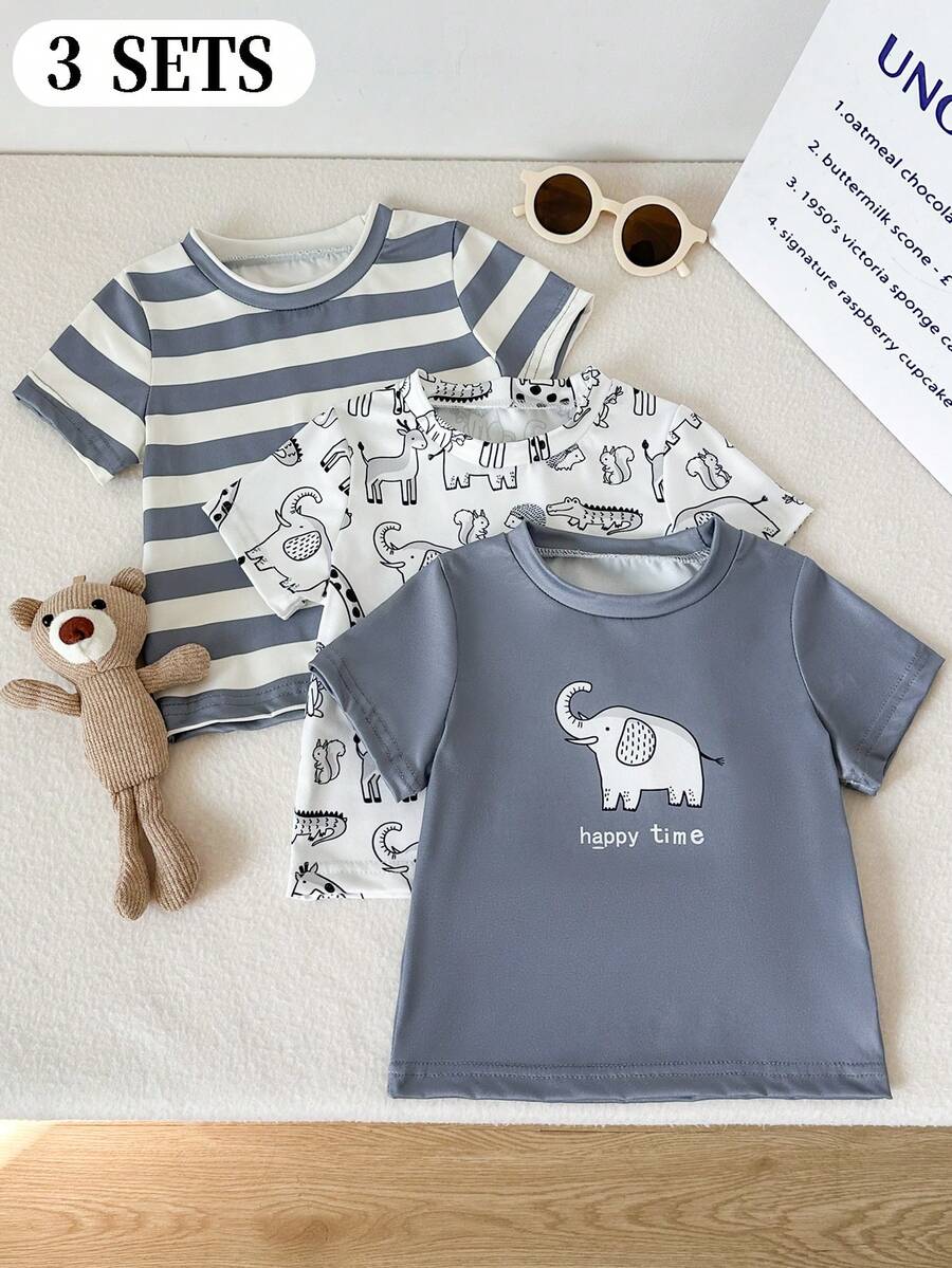 SHEIN 3pcs Toddler Casual Dinosaur Pattern Knit Set, Short Sleeve T-Shirt, Spring/Summer - Grey - View 1