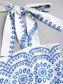 Sweetra Petite Sweet Beach Vacation A-Line Dress With Backless Design, Tie-Up Waist, Flared Skirt, Suitable For Petite Women, Spring/Summer - Blue and White - View 8