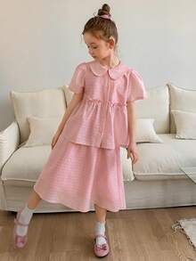 DAZY Tween Girl Solid Color Ruffle Collar Short Sleeve Shirt And Skirt Set Summer - Pink - View 2
