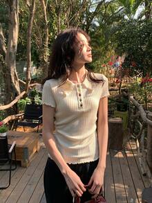 DAZY Áo thun ngắn tay nữ màu trơn, chất liệu có họa tiết, kiểu dáng thường ngày, đa năng cho mùa hè. - Màu be - Xem 8