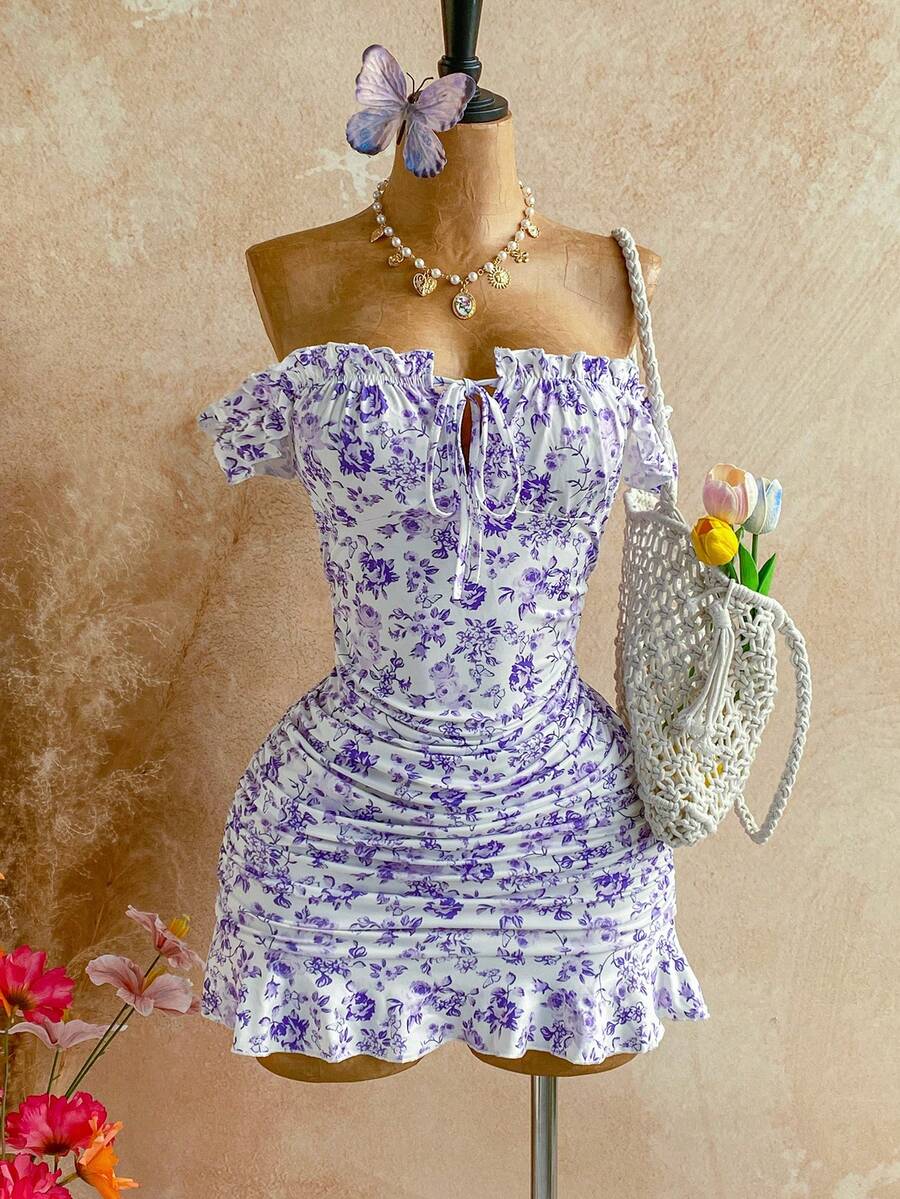 Soleia Women's Fashionable Elegant Off Shoulder Ruched Mini Dress - Violet Purple - View 1