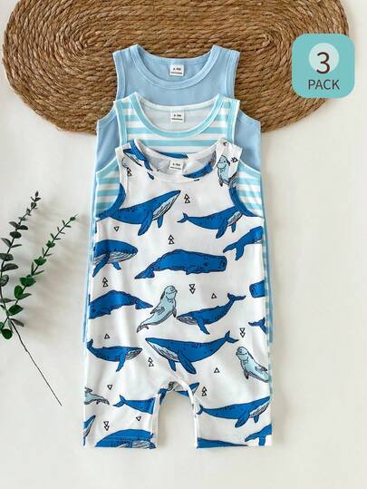 Playful Pals 3件套男婴舒适休闲鱼纹弹力圆领条纹纯色针织连体衣套装，夏季