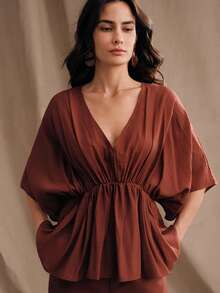 Anewsta Spring New V-Neck Batwing Sleeve Cinched Waist Loose Women Shirt - Burgundy - View 5