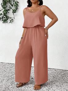 SHEIN Frenchy Plus Size Casual Vacation Textured Solid Color Jumpsuit - Dusty Pink - View 5