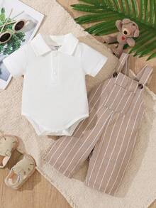 SHEIN Vintaside Kids 2件套男婴可爱格子印花短袖套装，春季 - 杏色 - 查看 3