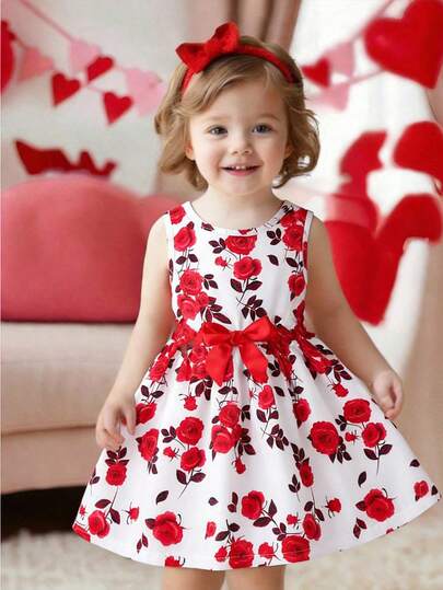 SHEIN Baby Girl Floral Print Round Neck Ruffle Bow Decor Fashion Party & Vacation Dress