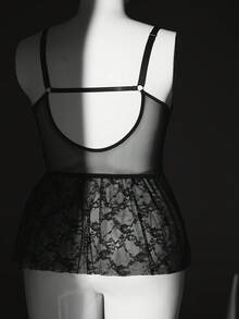 SHEIN Lencería sexy de encaje transparente con lazo y espalda descubierta para mujer de talla grande - Negro - Ver 10