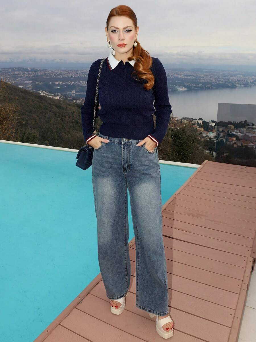 Gretanique 女士休闲针织毛衣，秋冬新品 - 藏蓝色 - 查看 1