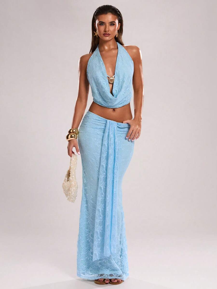 SHEIN BAE Women's Sexy Beach Vacation Lace Draped Neck Backless Tie Front Top And Low Waist Fish Tail Hem Skirt Set, Summer - Baby Blue - View 1