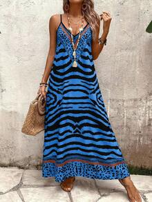 EMERY ROSE Women's Leopard Print Loose Maxi Slip Dress, Elegant For Daily Wear And Summer Vacation - Royal Blue - View 4