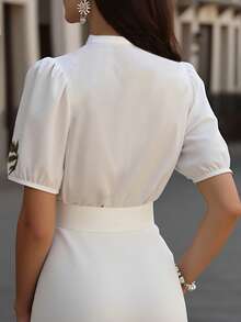 Balvessa Women's Notched Neck Floral Print Cutout Collar White Petal Sleeve Blouse - White - View 2