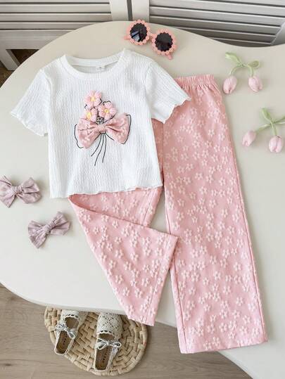 Playful Pals 2pcs/Set Toddler Girls' Knitted Jacquard White 3D Floral Pattern Short Sleeve Top And Elastic Waist Casual Pants, Suitable For Spring/Summer Casual Wear And Outdoor