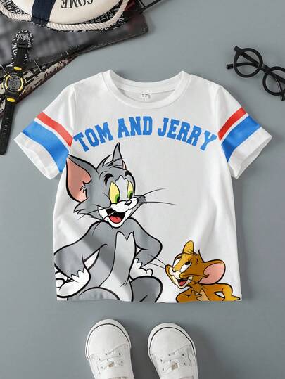 TOM & JERRY X SHEIN Young Boy Casual Fashion Street Daily Commute Funny Cartoon Letter Graphic Contrast Stripe Short Sleeve T-Shirt, Summer