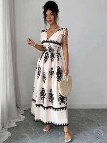 Elenzga Latest Pattern Print V-Neck Shoulder Tie Waist Dress, Vacation Style, Spring & Summer - Apricot - View 5