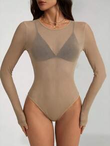 SHEIN Tall 透明網紗連身衣 無內衣長袖性感連身衣，適合高個女性 - 杏色 - 查看 6