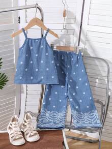 Young Girl Summer Casual Floral Print Ruffle Hem Camisole And Pants Set - Blue - View 2