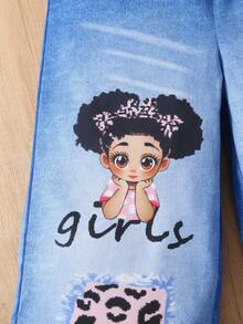 SHEIN ChillGRL Teen Girl Denim Effect Ripped Leopard Print & Cartoon Character Print Pants - Medium Wash - View 6