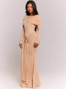 MUSERA Đầm maxi dài tay ôm sát, kiểu dáng trễ vai, xếp ly, thanh lịch, thích hợp cho kỳ nghỉ, đám cưới, tiệc tùng, sinh nhật, mùa xuân hè. - Màu be - Xem 2