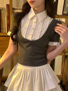 DAZY 女士翻领撞色韩版时尚拼布T恤 夏季 - 灰色 - 查看 3