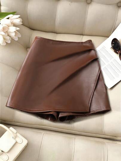 Franclia Petite 女士休闲、办公、通勤百褶PU皮裙裤，纯色，春夏款